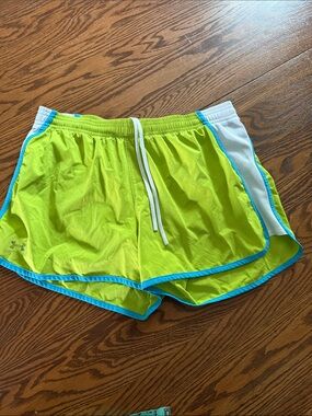 Under Armour Neon Lime Athletic Shorts with Blue Trim